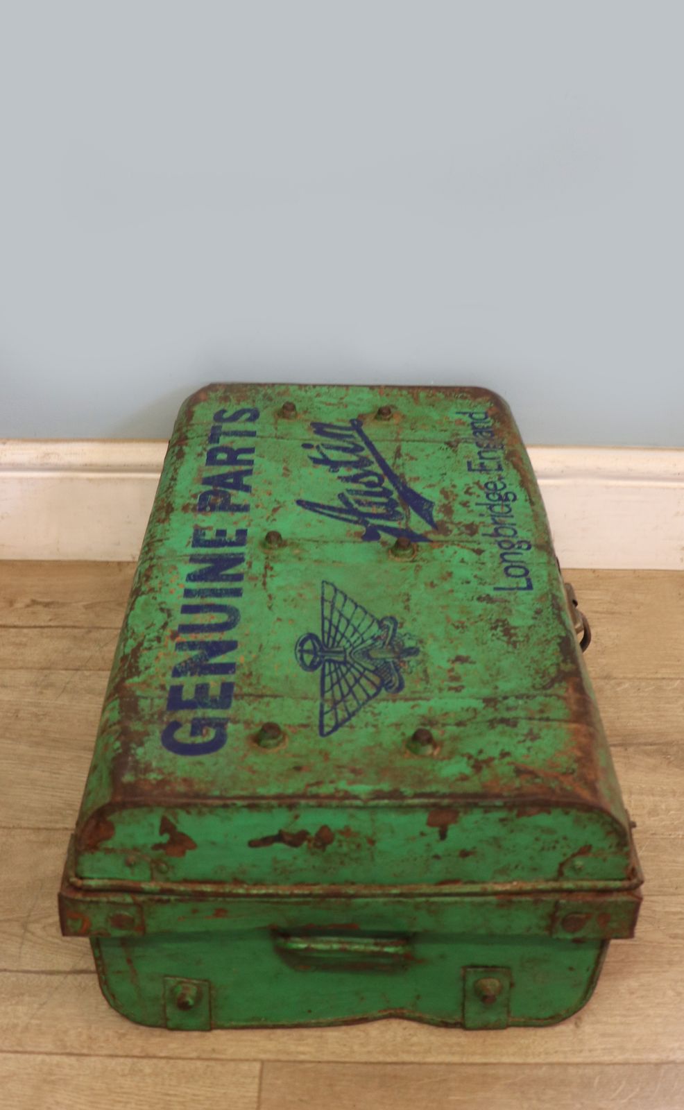 A Lovely Vintage Metal Trunk That Has Been Hand Sign Written With The Emblem For Austin Cars. photo for sale