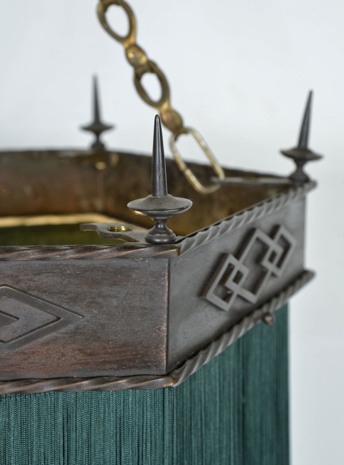 Gothic Revival Hexagonal Copper Green Tassel Fringe Pendant Light 1900s photo vintage