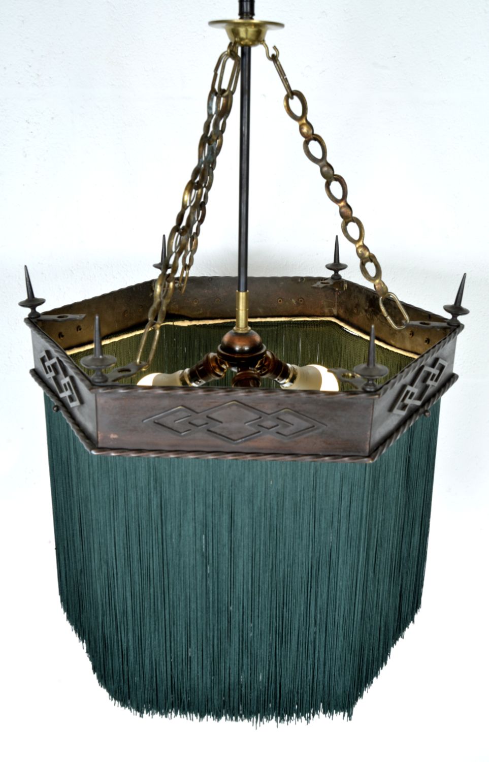 Gothic Revival Hexagonal Copper Green Tassel Fringe Pendant Light 1900s photo for sale