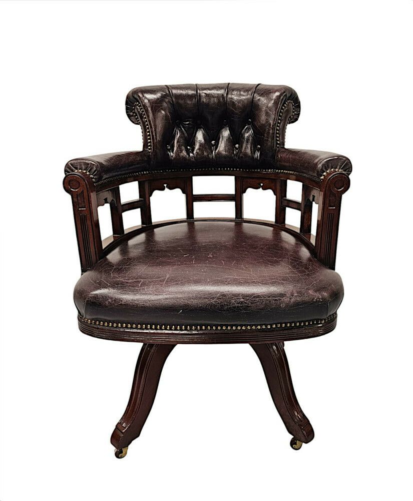 A Very Fine 19th Century Mahogany And Button Back Leather Revolving Office Or Desk Chair photo furniture