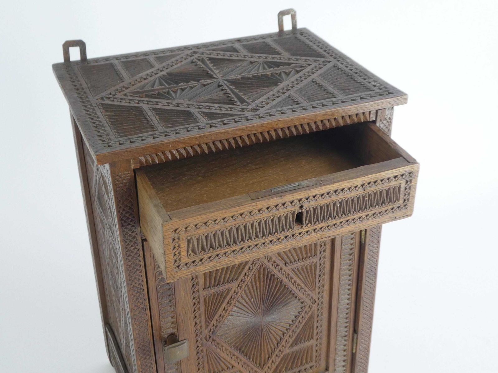 Antique Chip Carved Small Wooden Chest, Dutch Carved Medicine Cabinet, Farmhouse Decor Apothecary, Storage Box, Folk Art photo vintage
