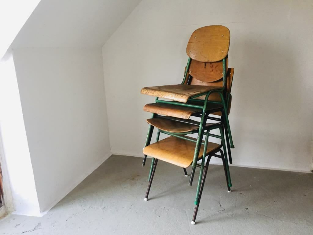 4x Vintage Metal Frame School Chairs, Solid Plywood Dining Seats Stacking