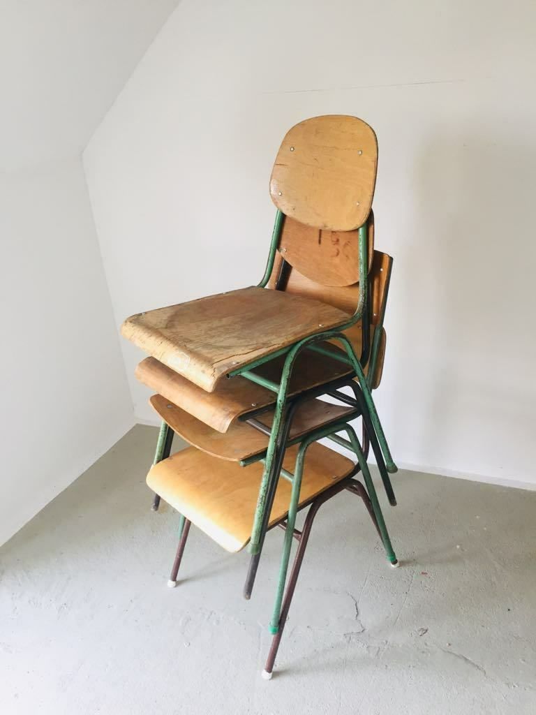 4x Vintage Metal Frame School Chairs, Solid Plywood Dining Seats Stacking photo furniture