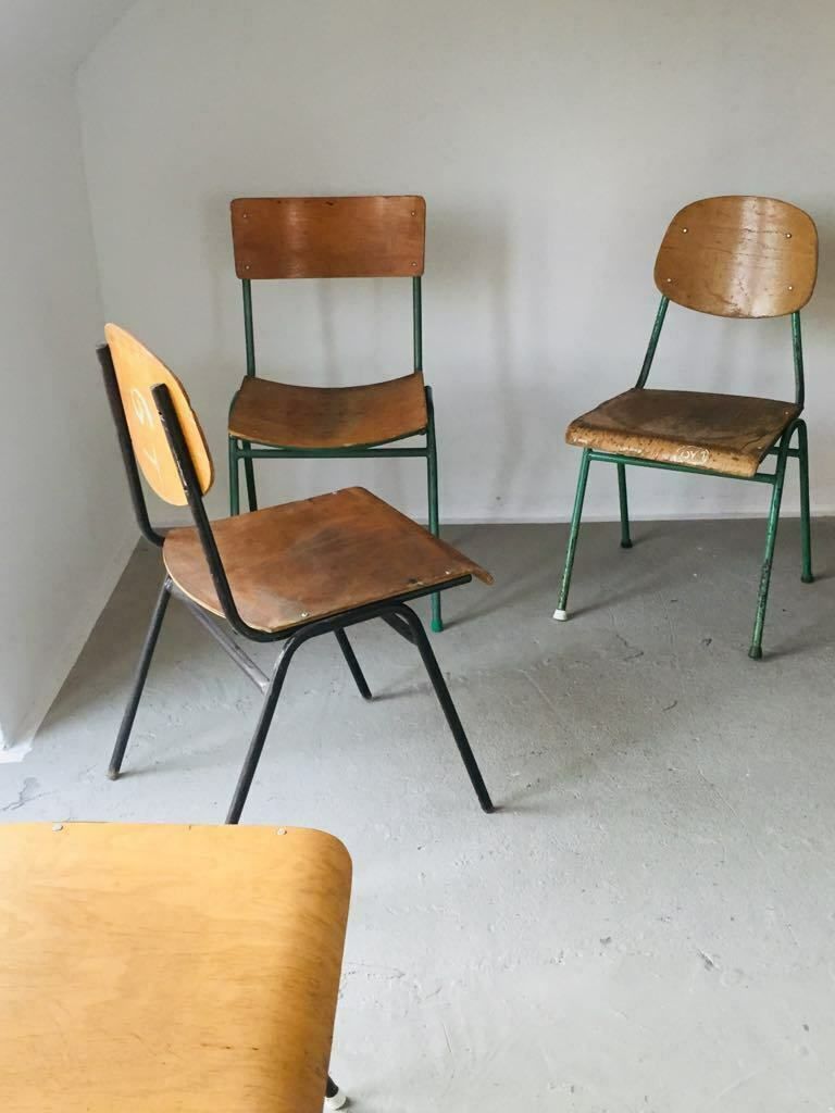 4x Vintage Metal Frame School Chairs, Solid Plywood Dining Seats Stacking photo Furniture