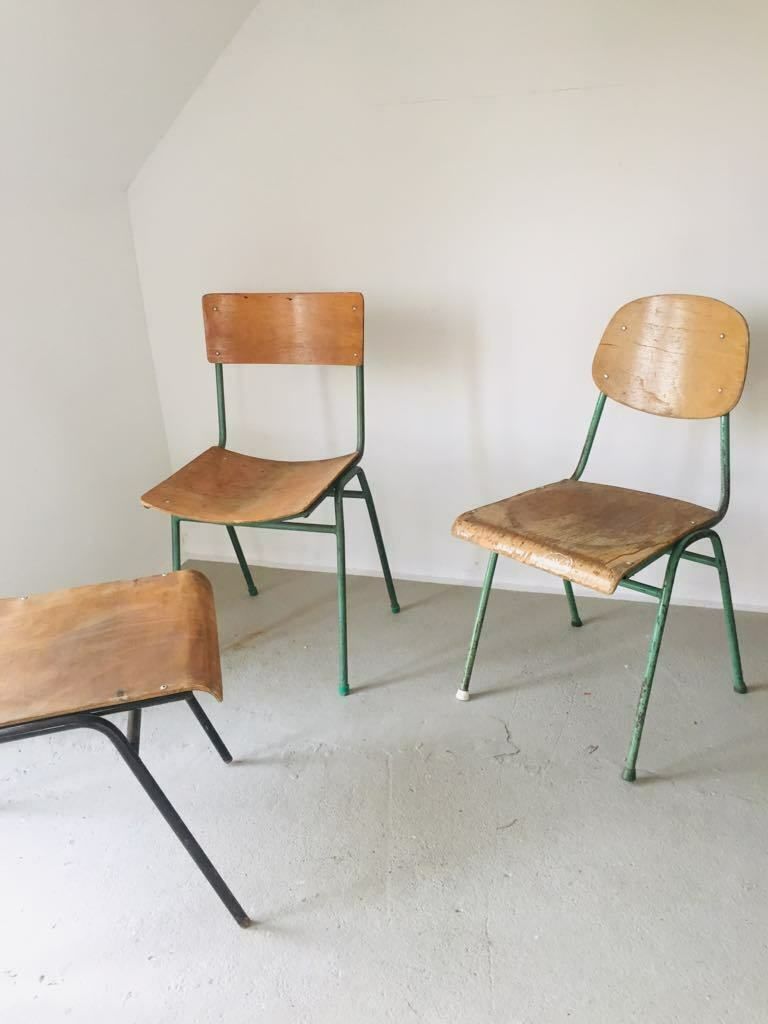 4x Vintage Metal Frame School Chairs, Solid Plywood Dining Seats Stacking photo 155.0