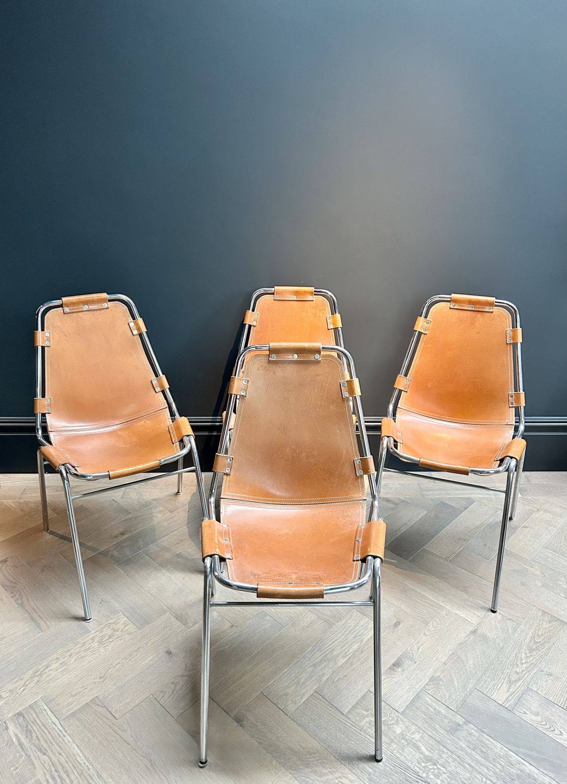 Charlotte Perriand Mid Century Leather Dining Chairs Set Of 4