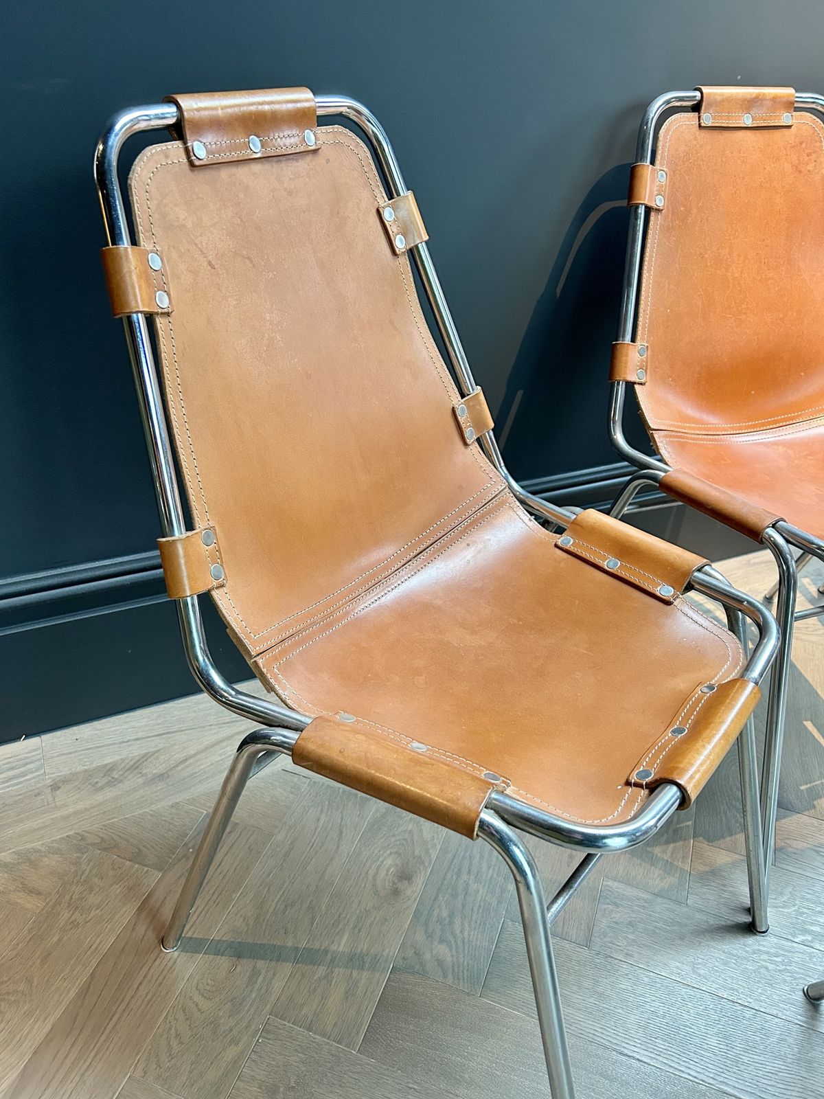 Charlotte Perriand Mid Century Leather Dining Chairs Set Of 4 photo for sale