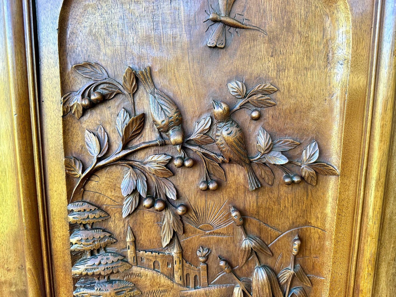 French Antique Carved Wood Cabinet Door Bird Castel photo vintage