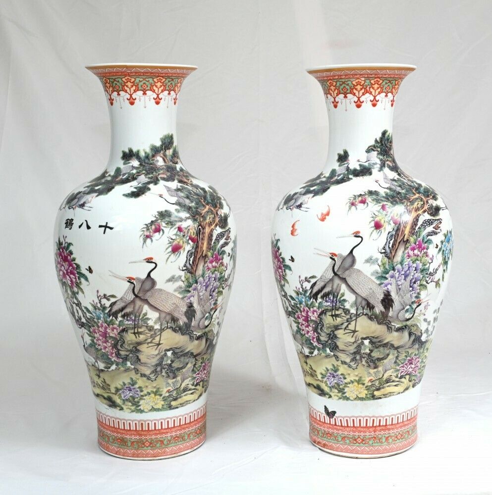 Pair Chinese Qianjiang Porcelain Vases Urns Pheasant
