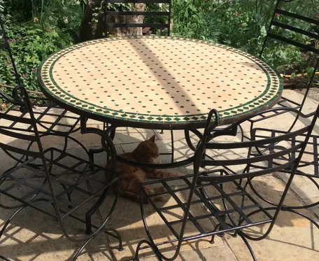 Tavole Calde 120cm Diam Handmade Moroccan Mosaic Tile Table Dark Green & Natural  With Iron Base And 2 Maintenance Products. New Unused Old Stock