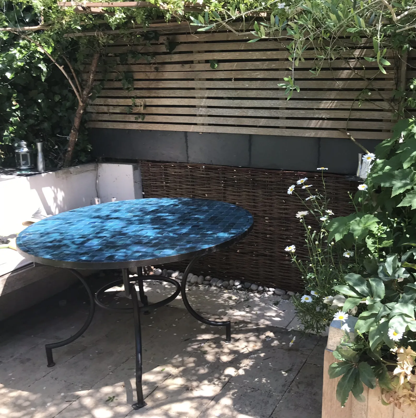 Tavole Calde 120cm Diameter Dark Turquoise Fan Design Mosaic Tile Table, With Iron Base, And 2 Sealers. New But Unused Old Stock photo furniture
