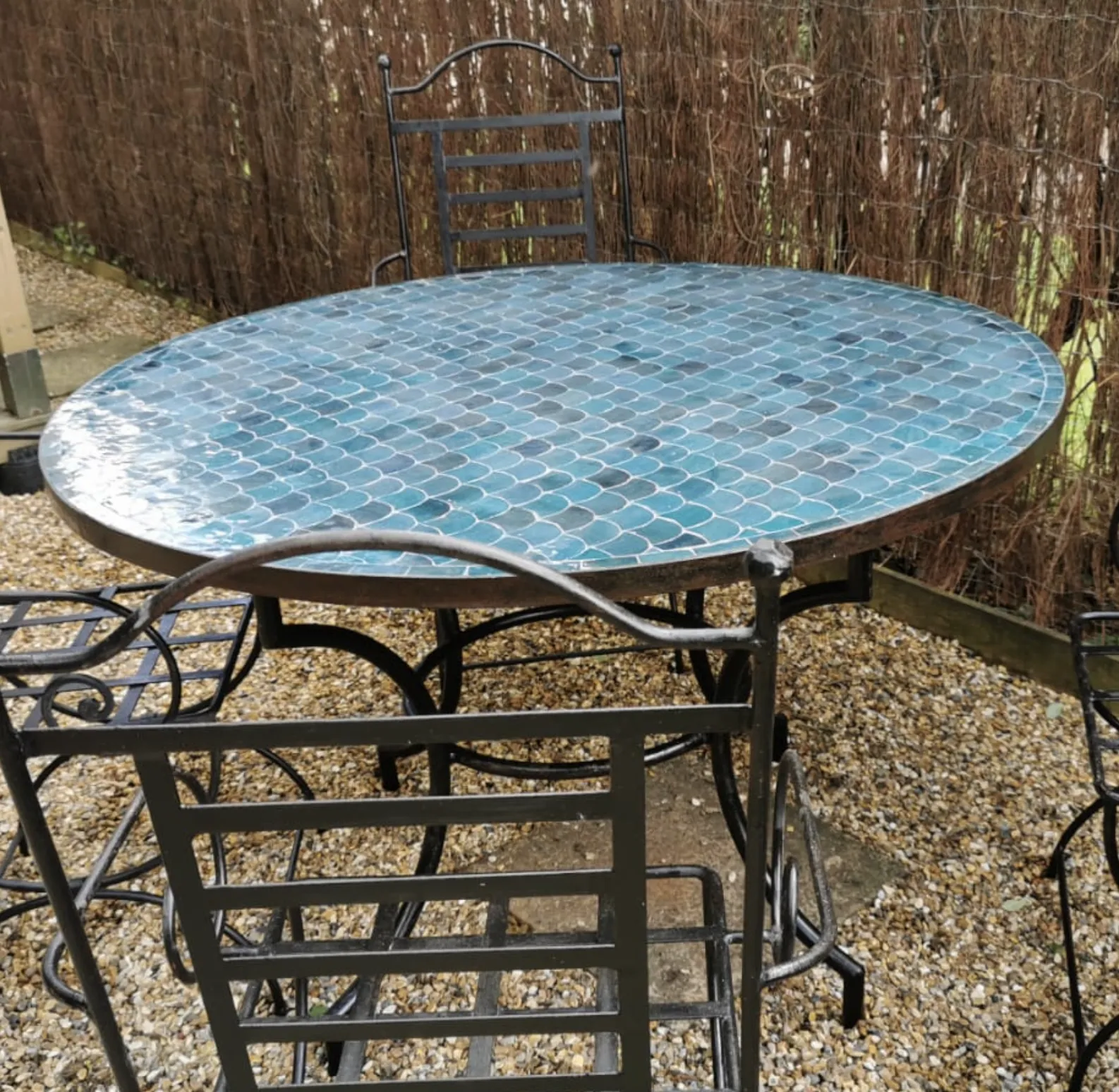 Tavole Calde 120cm Diameter Dark Turquoise Fan Design Mosaic Tile Table, With Iron Base, And 2 Sealers. New But Unused Old Stock photo for sale