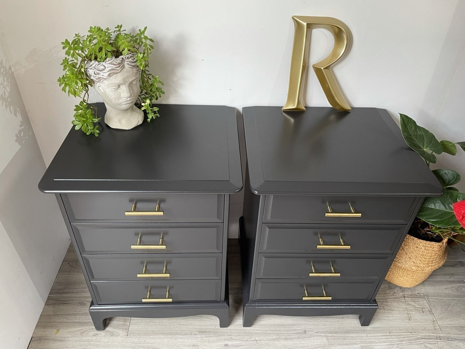 Stag Minstrel Pair (2) Of Bedsides Drawers Painted Black photo vintage
