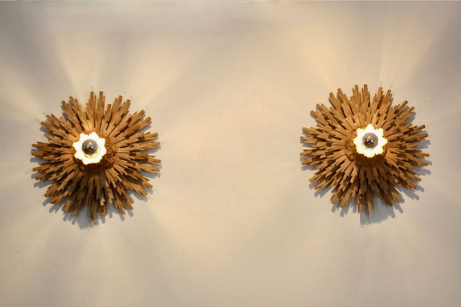 Natural Pair Of Large Carved Sunburst Wooden Sconces photo furniture