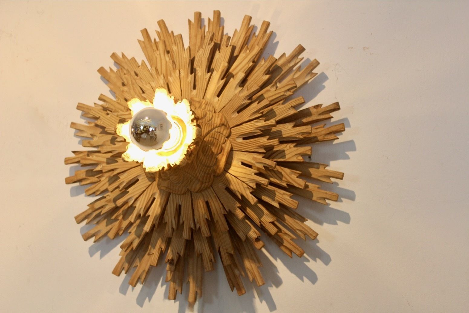 Natural Pair Of Large Carved Sunburst Wooden Sconces photo Lighting