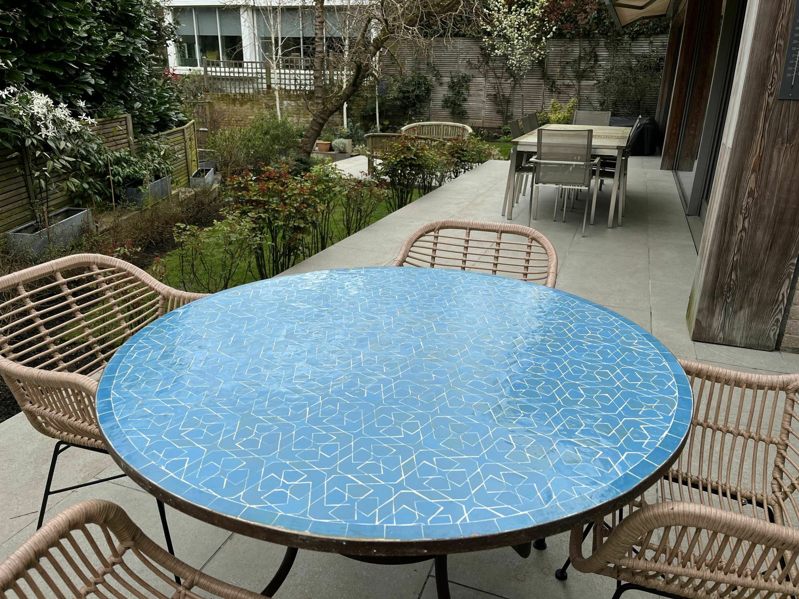Tavole Calde 120cm Diam Handmade Moroccan Mosaic Tiled Table Matrix Aqua With Iron Base And 2 Maintenance Products. New But Unused Old Stock