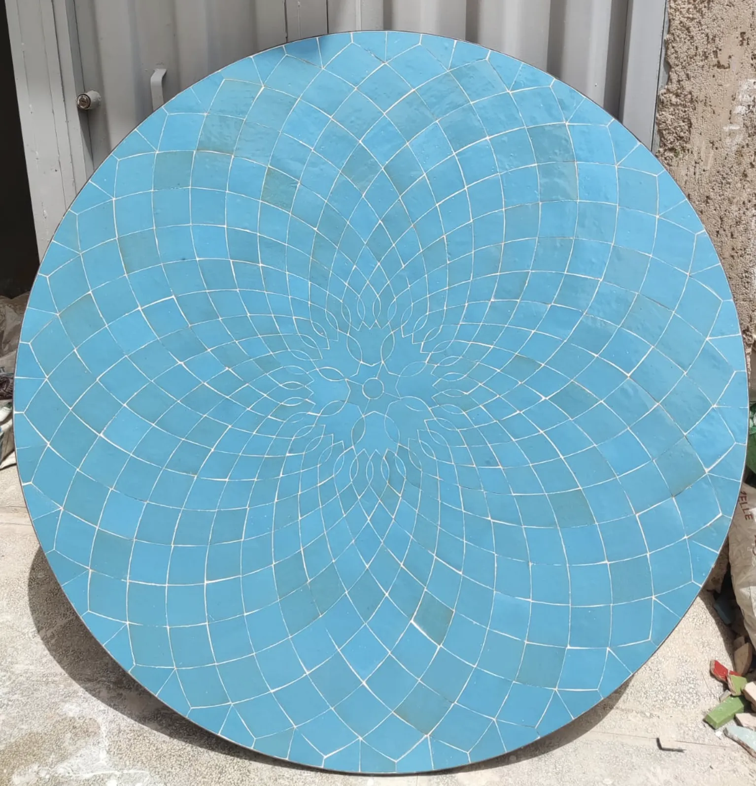 Tavole Calde 120cm Diam Handmade Moroccan Mosaic Tiled Table Galaxy Aqua With Iron Base And 2 Maintenance Products. New But Unused Old Stock