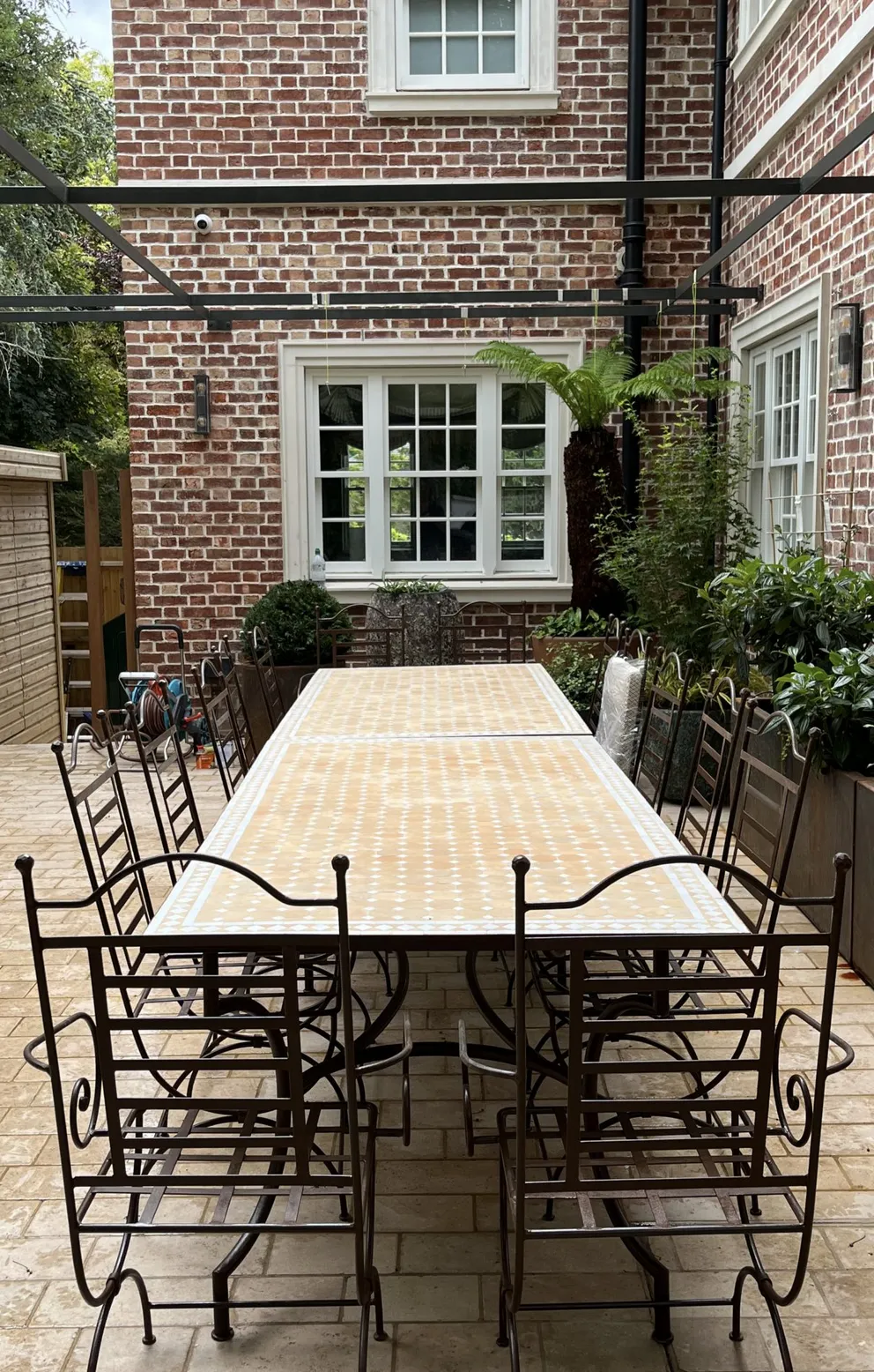Tavole Calde 400cm Handmade White & Natural Mosaic Tiled Table ,  Iron Base, With 2 Products Owatrol Lithofin. New But Unused Old Stock photo for sale