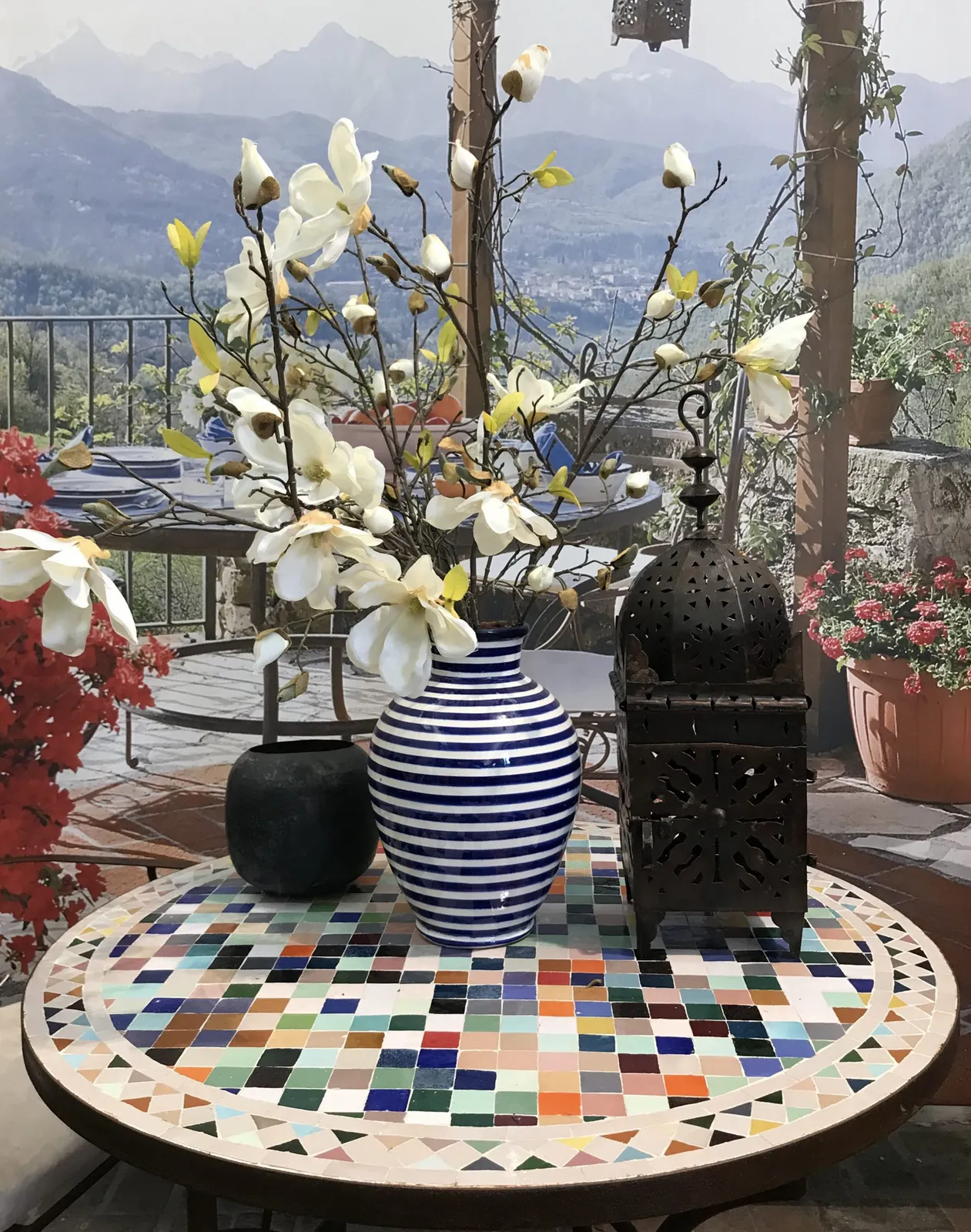 Tavole Calde 100cm Diam Tuttifrutti Design Tiled Mosaic Table, Iron Base With 2 Sealers. New But Unused Old Stock photo Garden Furniture