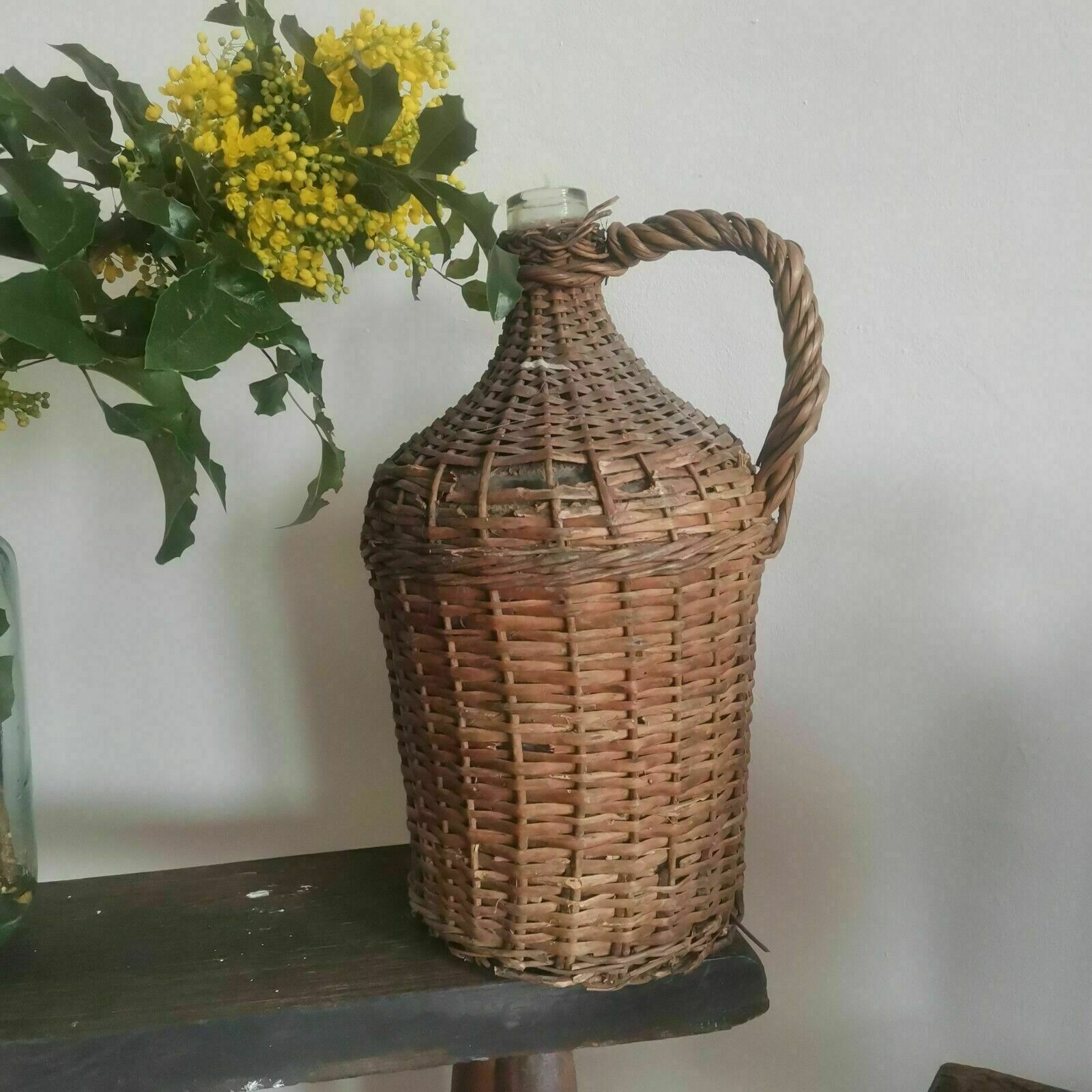 Set Of 3 Weaved Wicker Wine Bottles Demijohn Antique Carboy, Hand Made. photo for sale