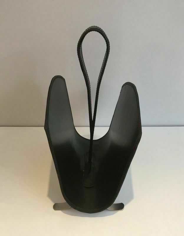 Green Leather And Brushed Steel Magazine Rack photo furniture