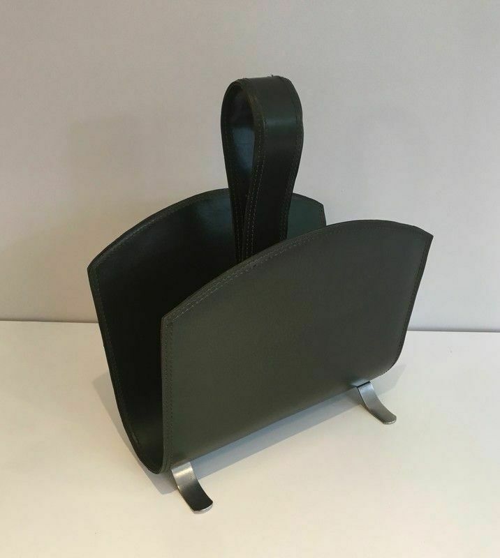Green Leather And Brushed Steel Magazine Rack photo vintage