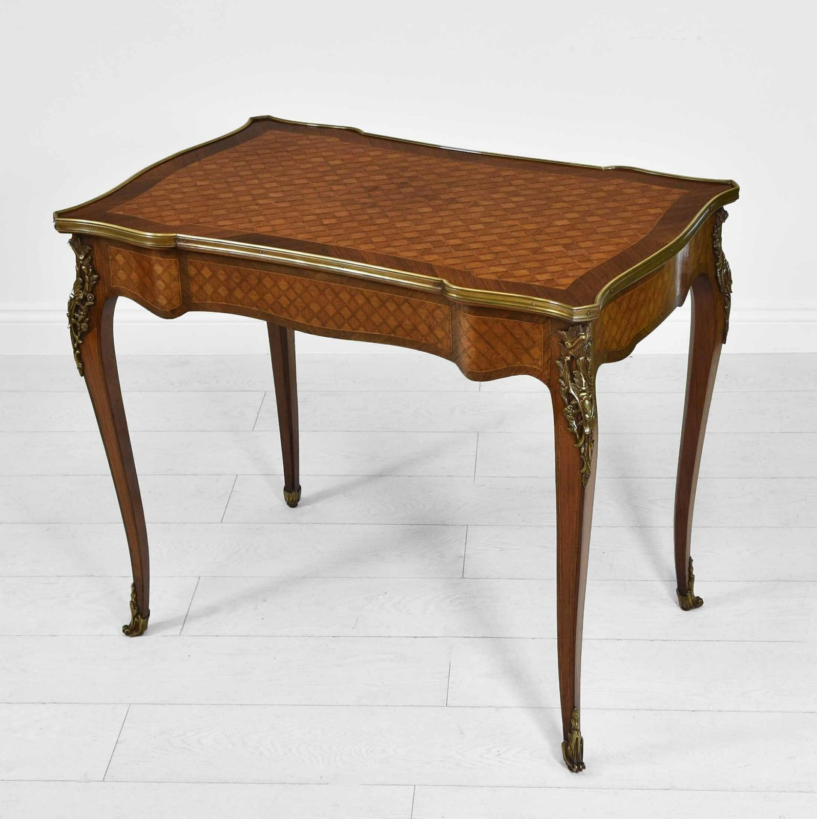 French Kingwood Parquetry & Gilt Metal Serpentine Centre Side Table With Drawer. Circa 1910