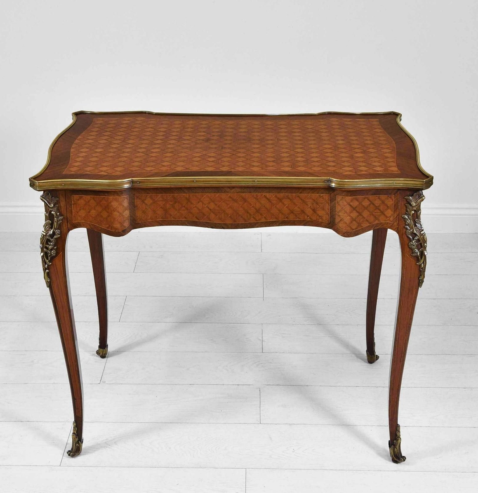 French Kingwood Parquetry & Gilt Metal Serpentine Centre Side Table With Drawer. Circa 1910 photo vinterior