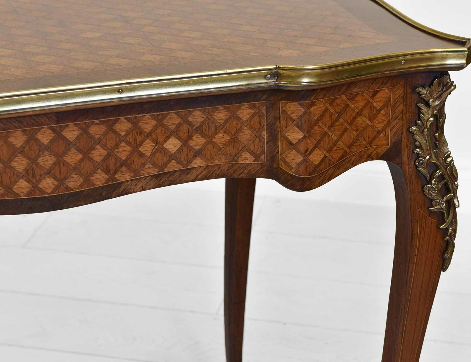 photo for sale French Kingwood Parquetry & Gilt Metal Serpentine Centre Side Table With Drawer. Circa 1910