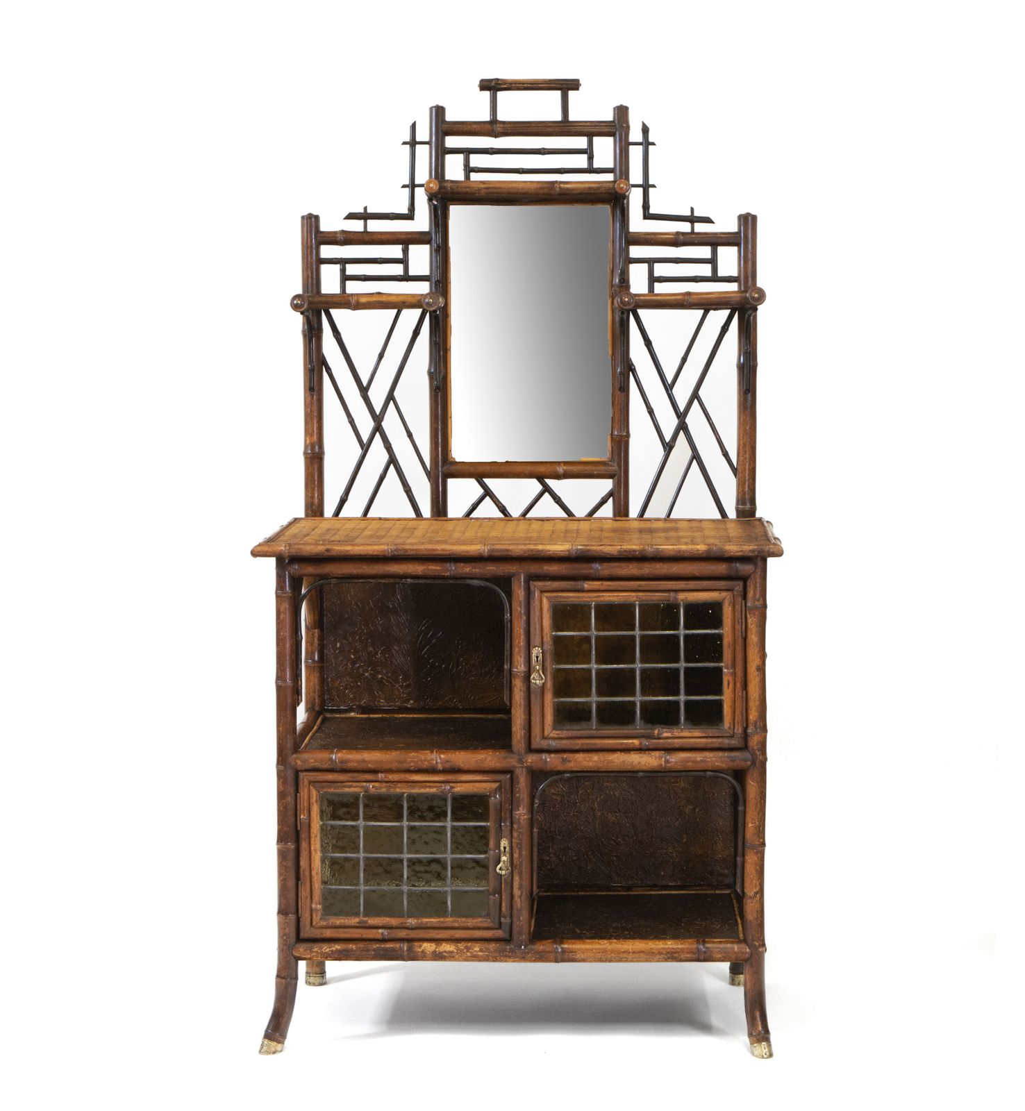 Superb Late 19th Century Bamboo Etagere Leaded Stained Glass Cabinet photo for sale