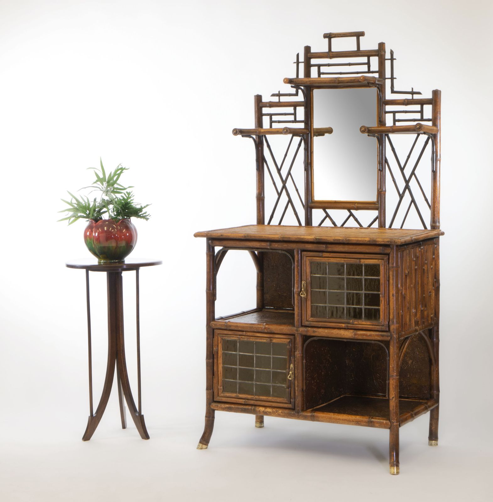 Superb Late 19th Century Bamboo Etagere Leaded Stained Glass Cabinet photo Furniture