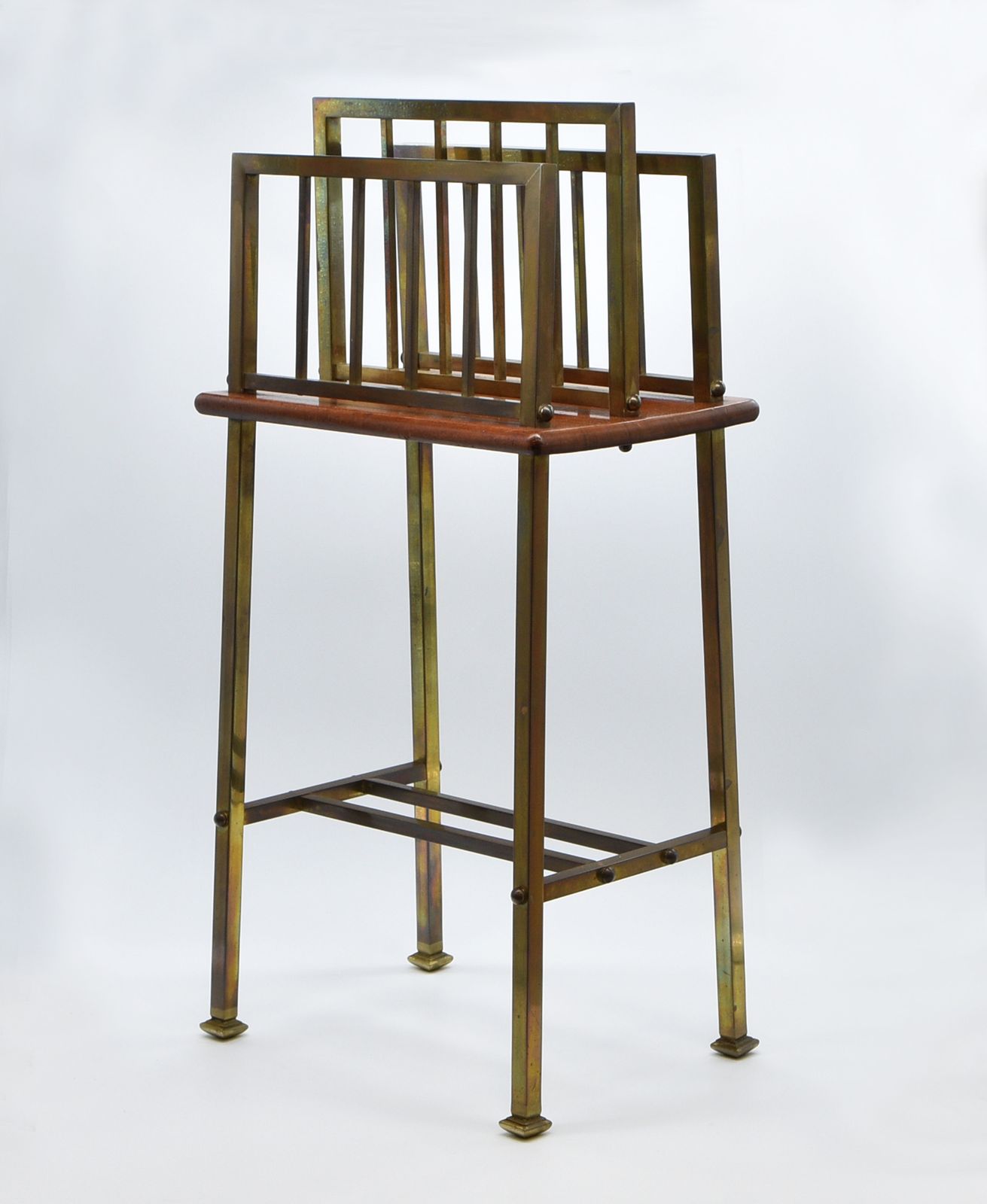 Edwardian Brass & Walnut Canterbury Newspaper Magazine Rack Arts & Crafts