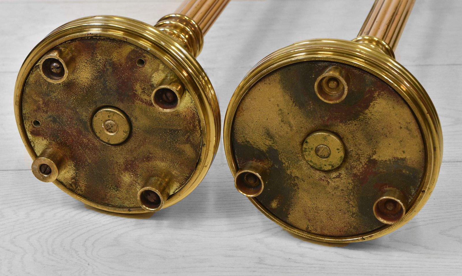 Pair Of Brass Floor Standing Candle Stands With Flared Scalloped Uppers B photo 795.0