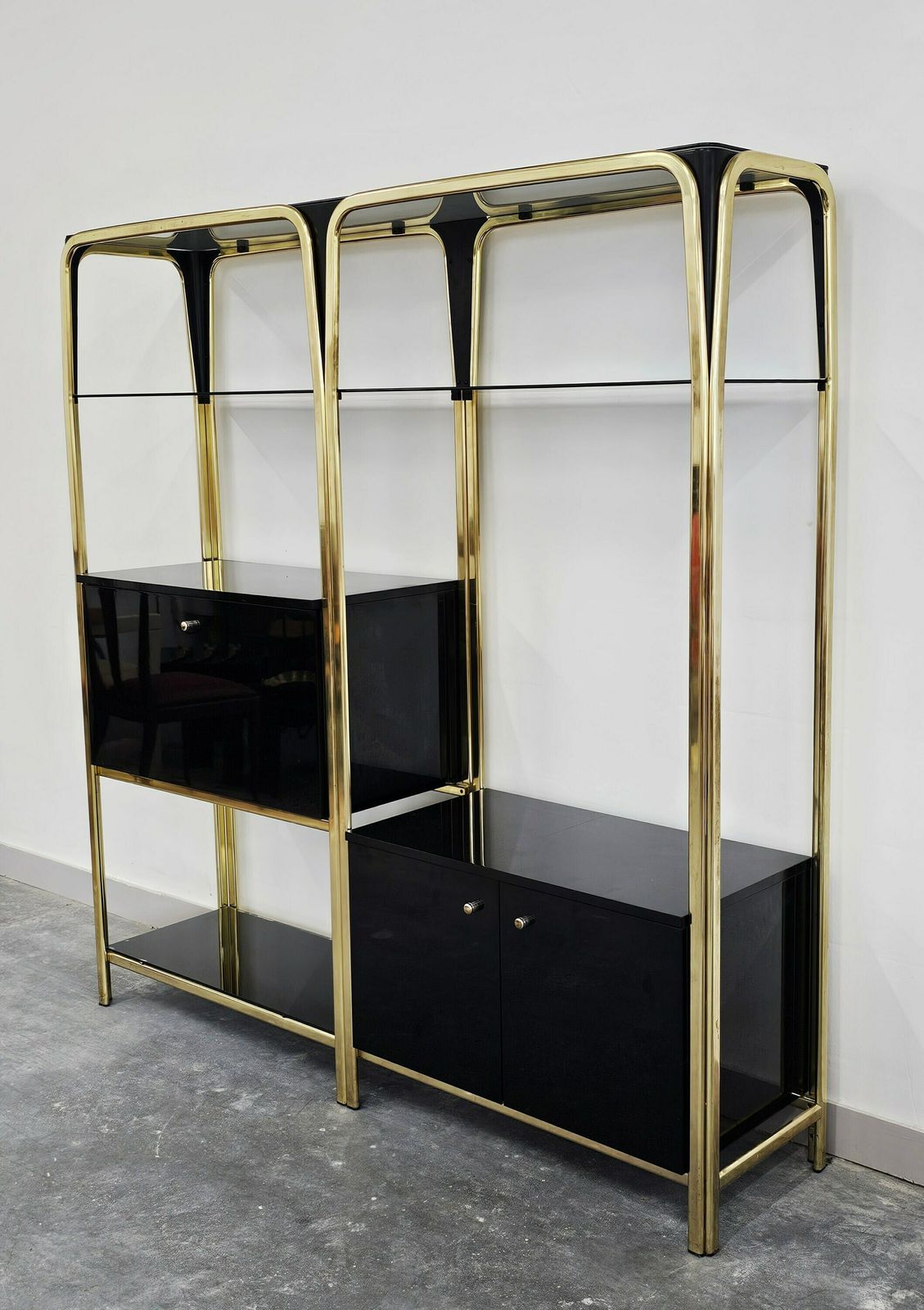 Hollywood Regency Black Lacquered Shelving Or Wall Unit With A Bar And A Cabinet // Made In Italy In 1980s photo furniture
