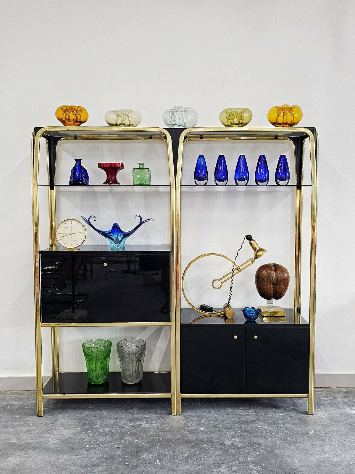 photo for sale Hollywood Regency Black Lacquered Shelving Or Wall Unit With A Bar And A Cabinet // Made In Italy In 1980s