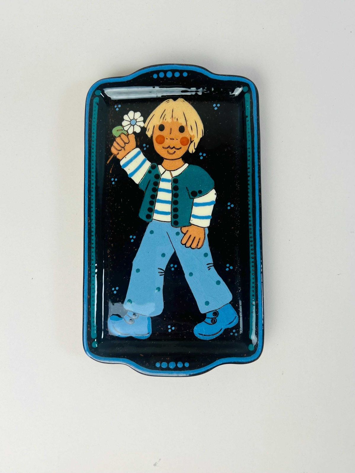 Swiss Pottery Vintage Handmade Wall Plate, Child With A Flower, Swiss Day Gift photo for sale
