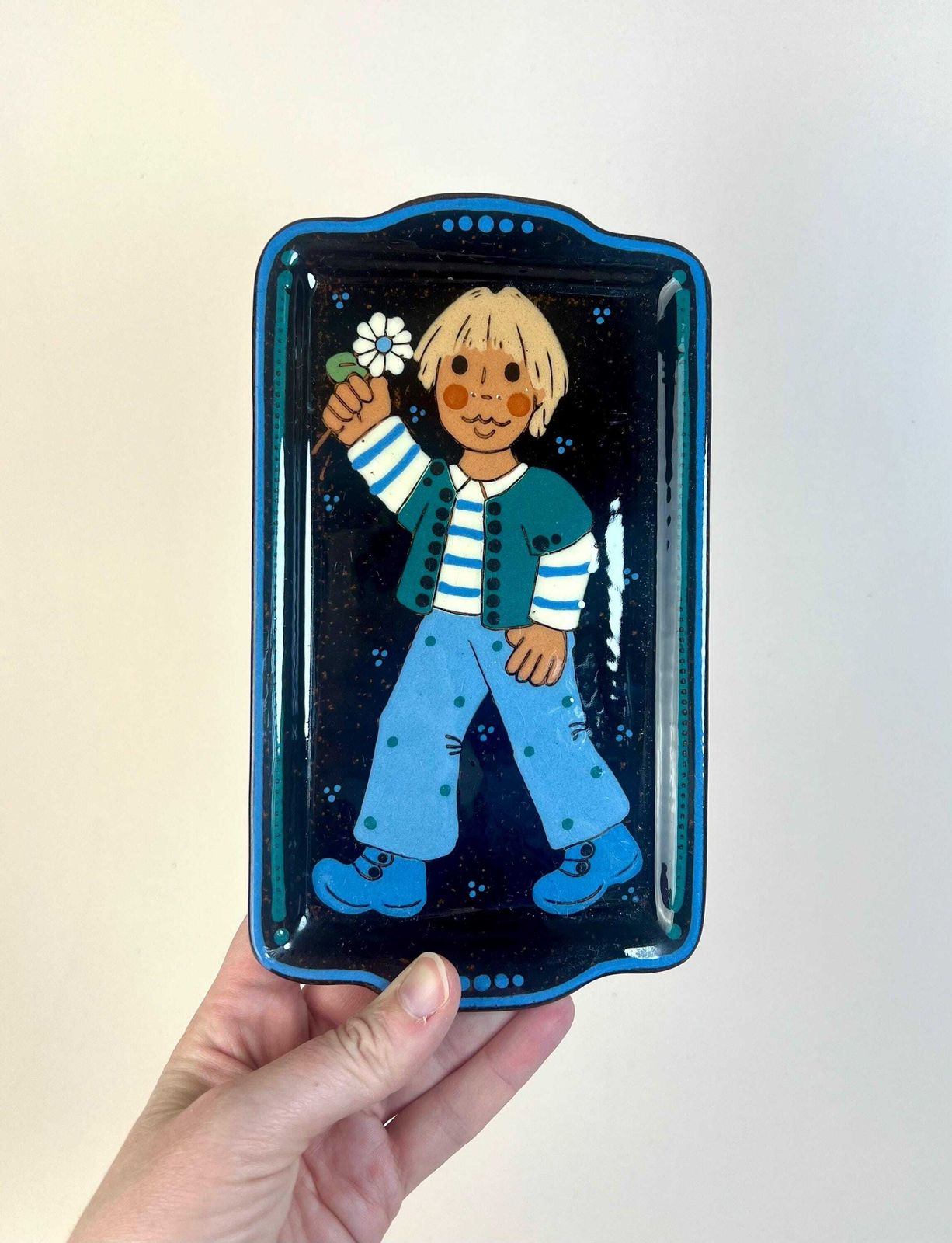 Swiss Pottery Vintage Handmade Wall Plate, Child With A Flower, Swiss Day Gift photo buy