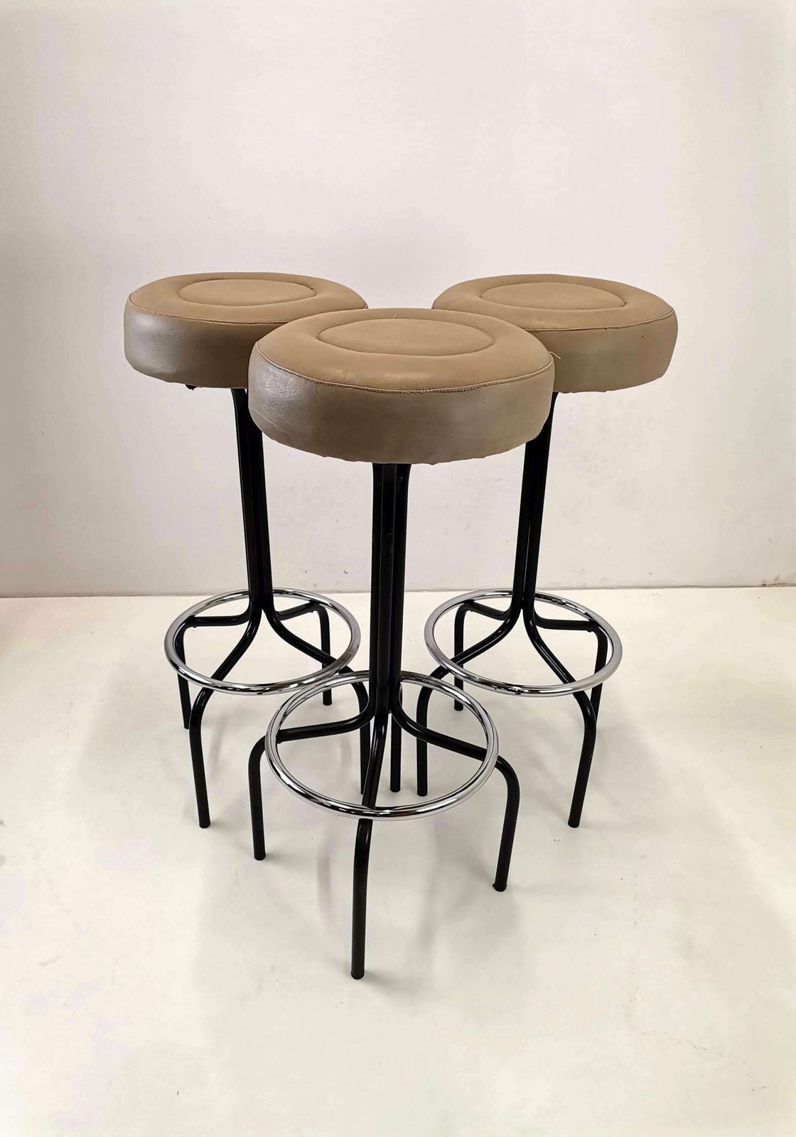 Set Of 3 Mid Century Modern Bar Stools / Mid Century Leather And Metal Bar Stool Set / 80s Yugoslavia