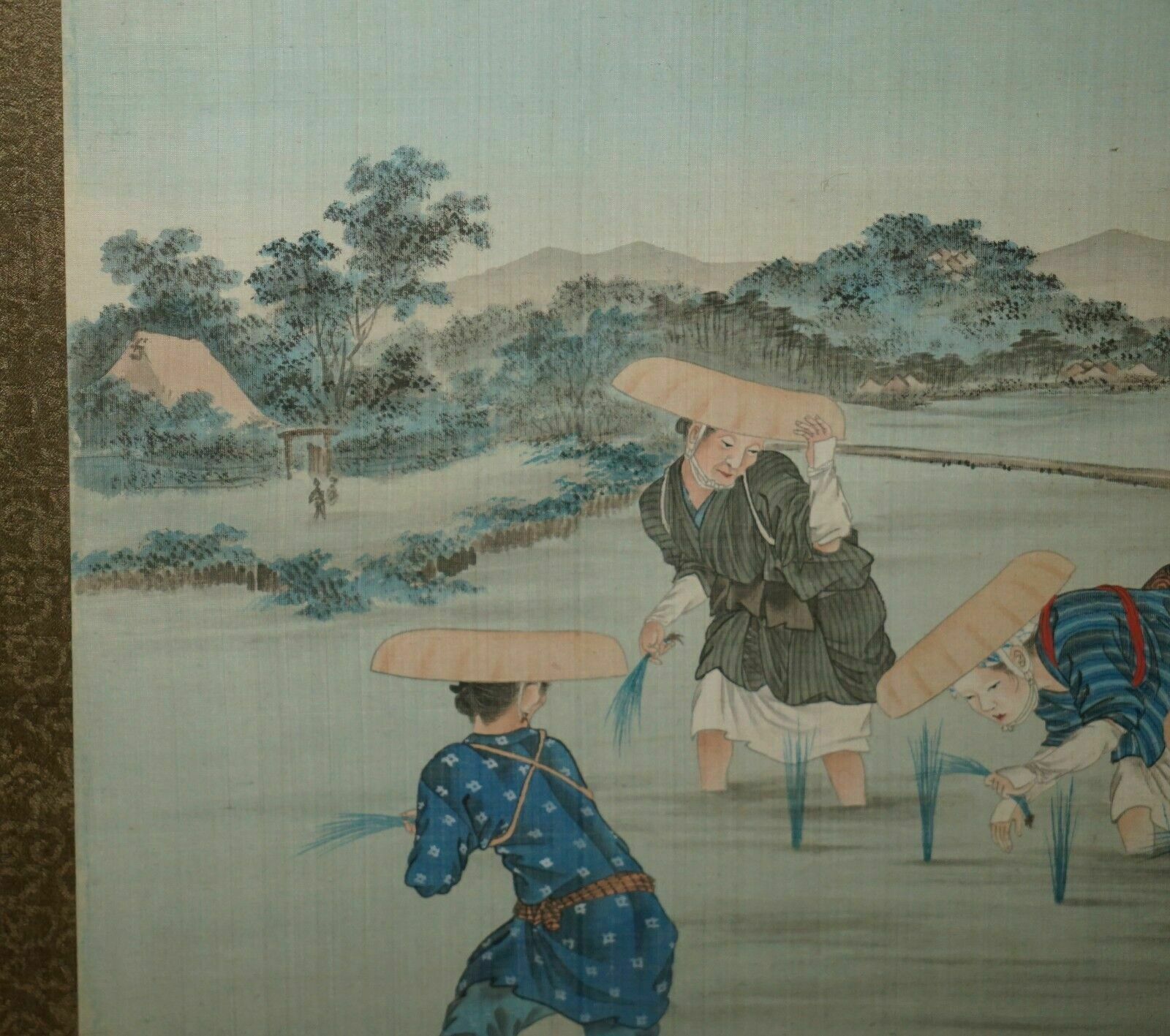 Antique Japanese Cir 1920's Woodblock Triptych Watercolour Print Of Rice Pickers photo for sale