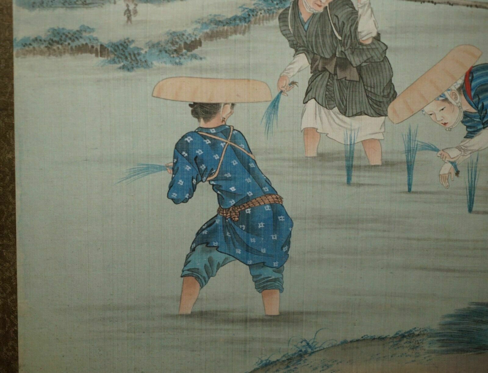 Antique Japanese Cir 1920's Woodblock Triptych Watercolour Print Of Rice Pickers photo Art