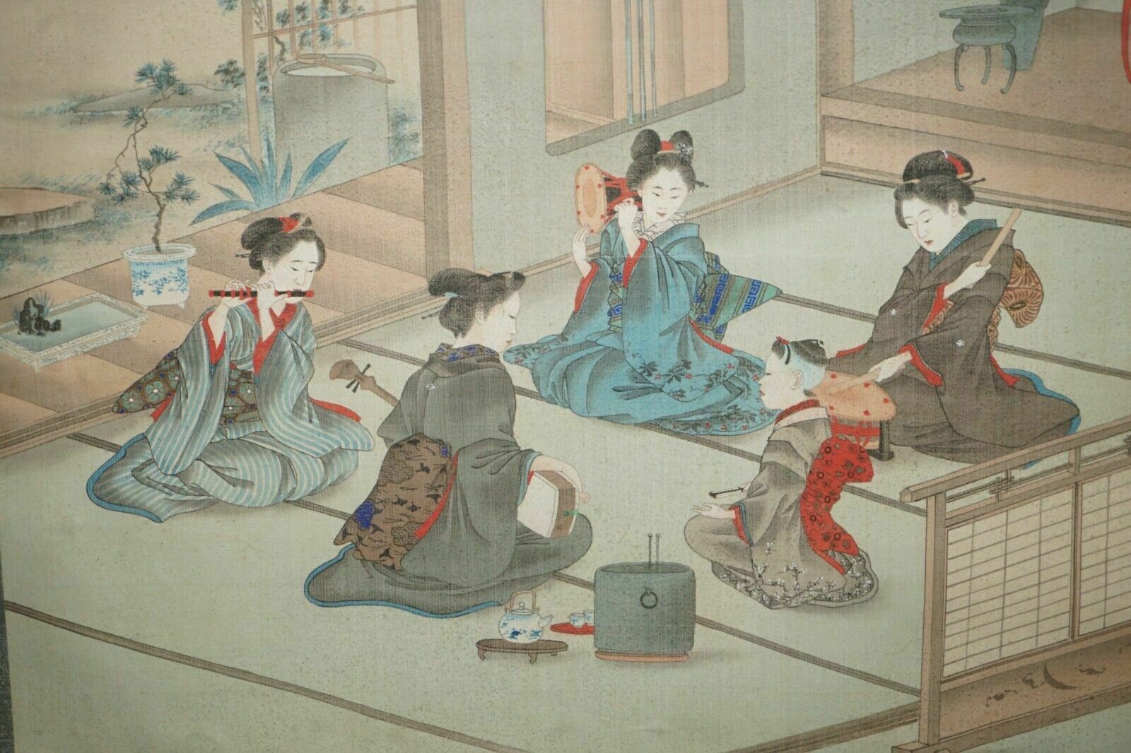 Japanese 1920's Woodblock Triptych Watercolour Print Geisha Girls Playing Music photo for sale