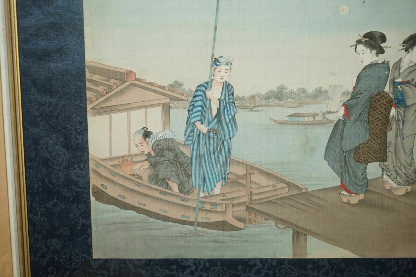 Japanese 1920 Woodblock Triptych Watercolour Print Of Geisha Girls Boaring Boat photo Art