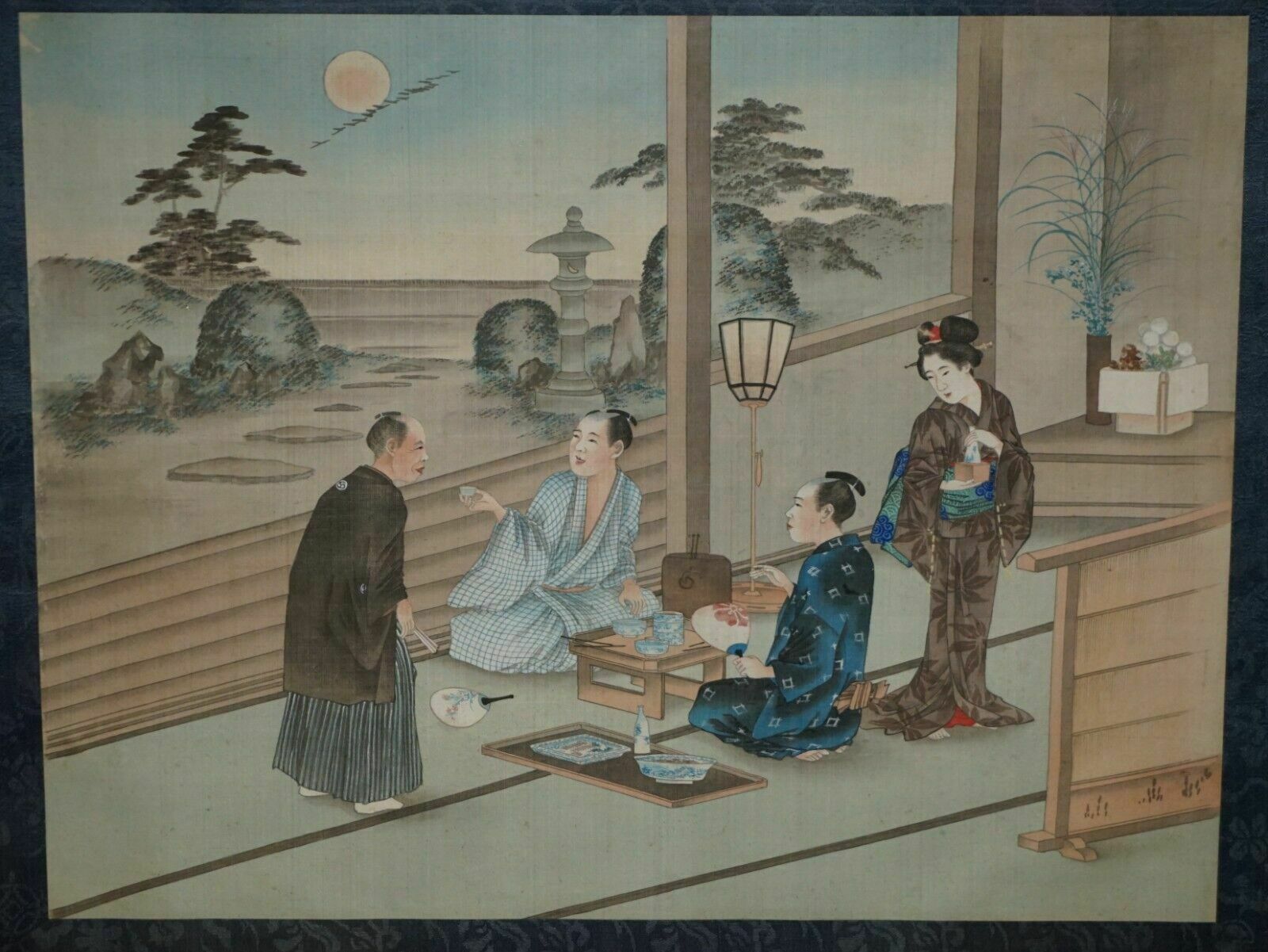 Japanese Cir 1920 Woodblock Triptych Watercolour Print Of Geisha Girl & Nobles photo furniture