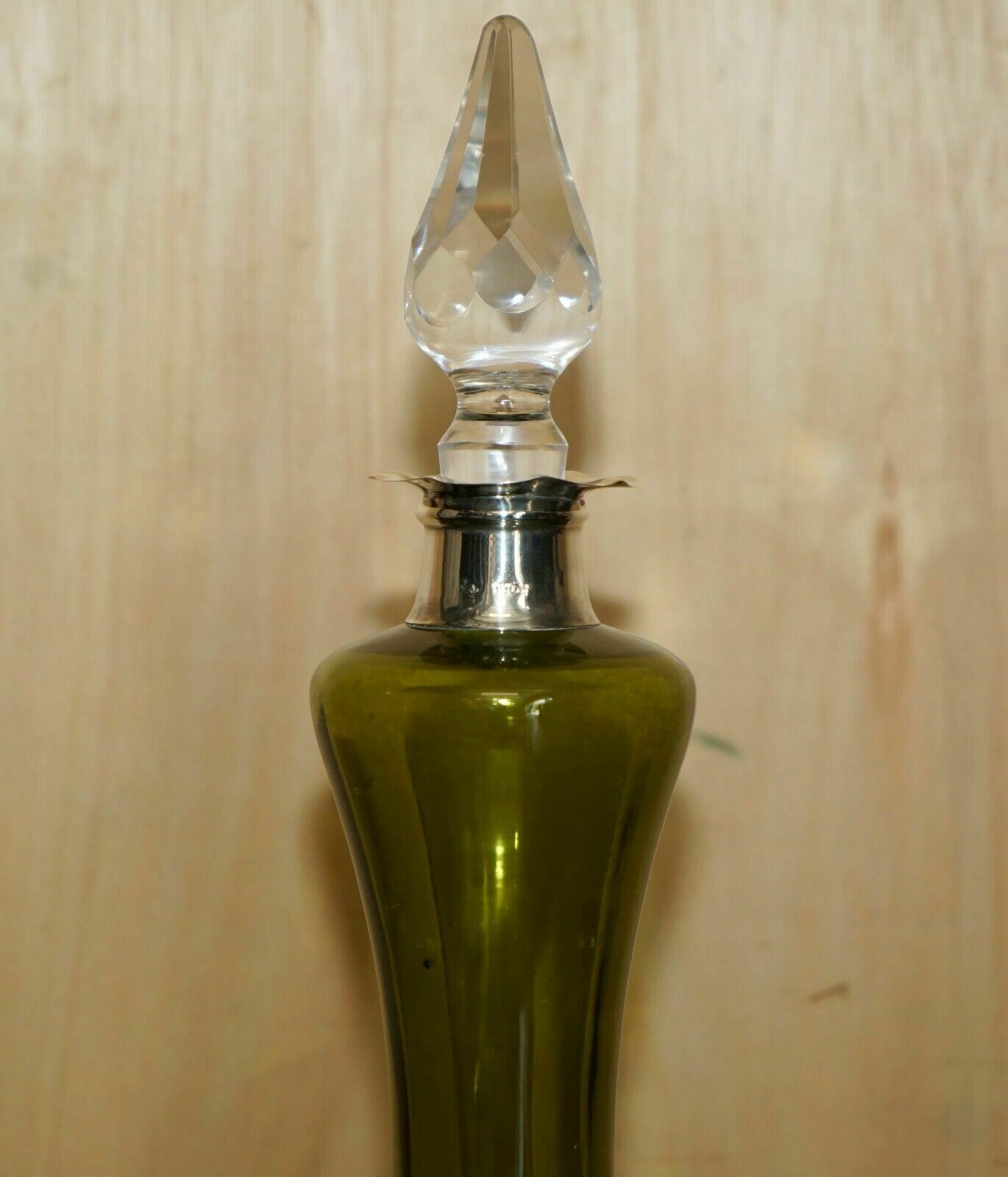William Hutton Antique Green Wine Port Spirit Decanter Sterling Silver Collar photo furniture