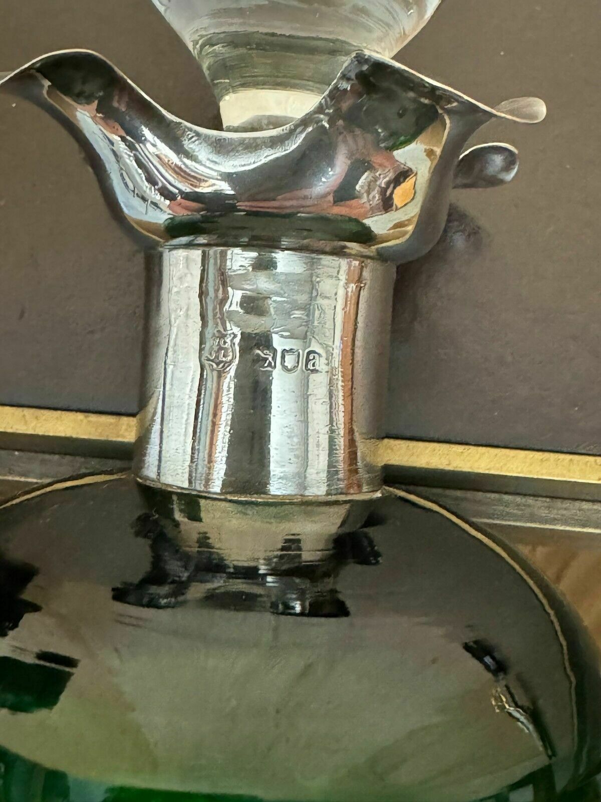 1896 Gibson  & Lawrence Antique Green Wine Port Decanter Sterling Silver Collar photo furniture
