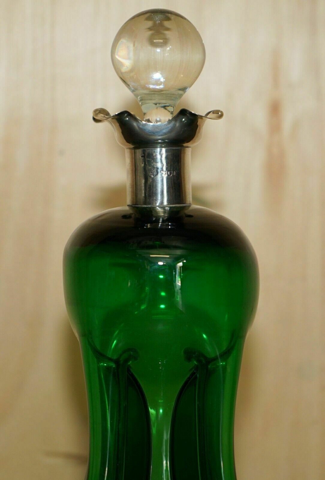 1896 Gibson  & Lawrence Antique Green Wine Port Decanter Sterling Silver Collar photo for sale