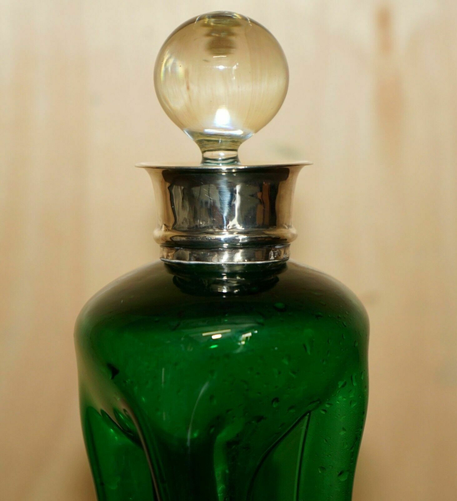 Fine 1904 Antique Green Wine Port Spirit Decanter With Sterling Silver Collar photo for sale