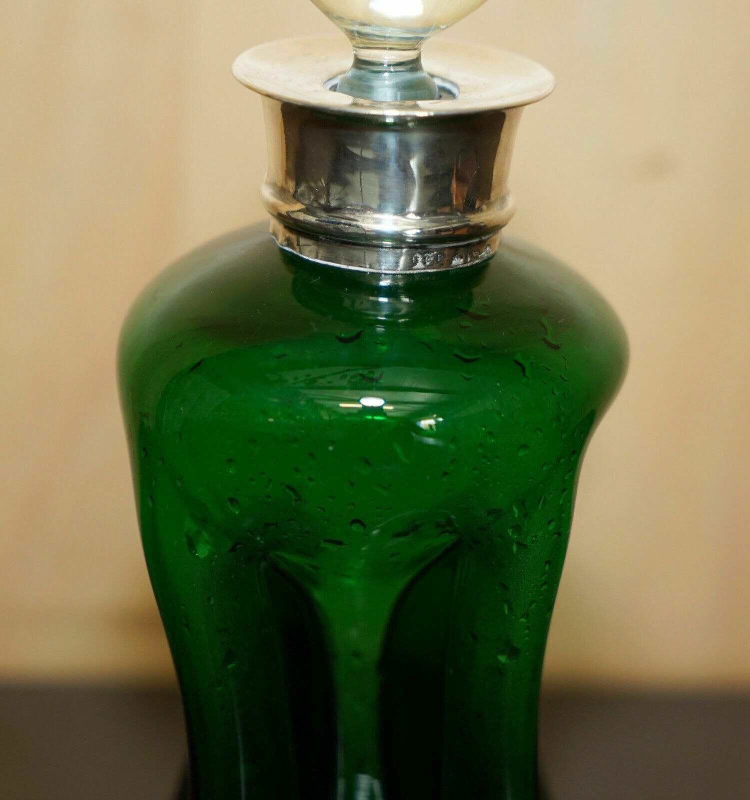 Fine 1904 Antique Green Wine Port Spirit Decanter With Sterling Silver Collar photo vintage
