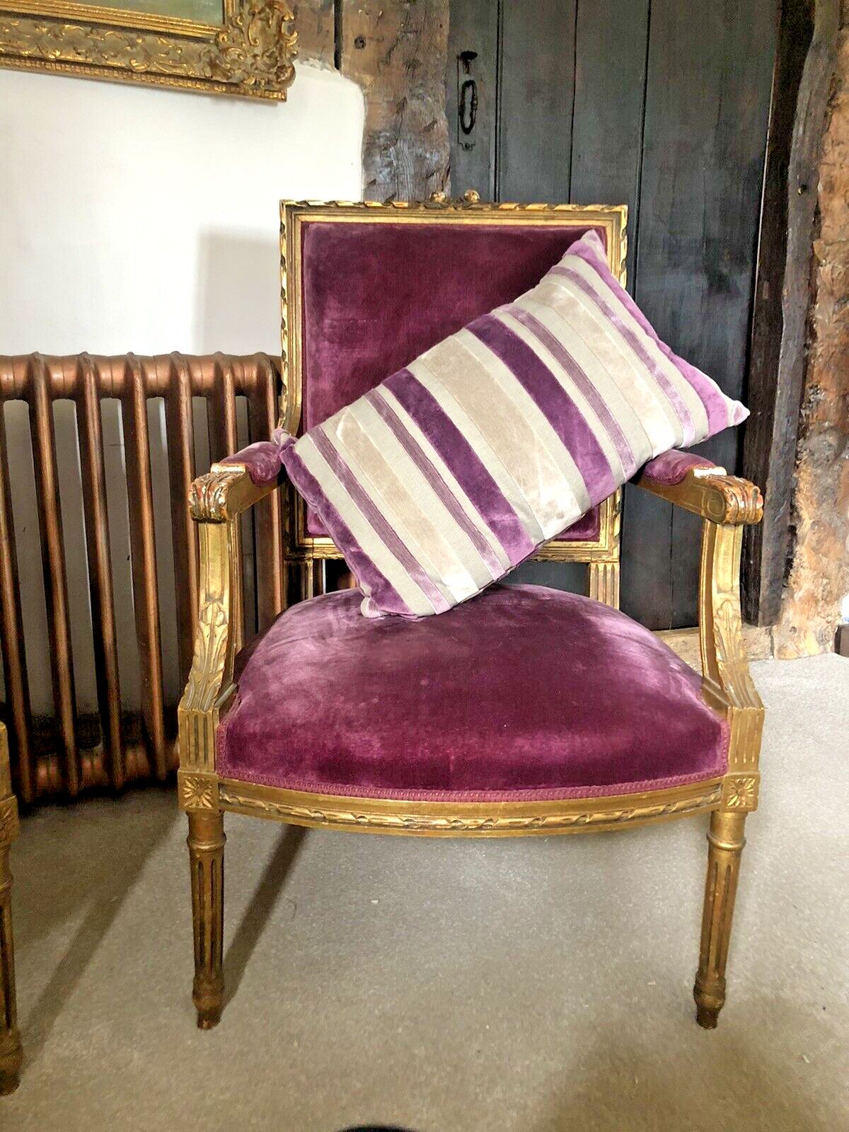 Antique French Empire Orchid Distressed Gold Giltwood Throne Armchairs  C1850 photo vinterior