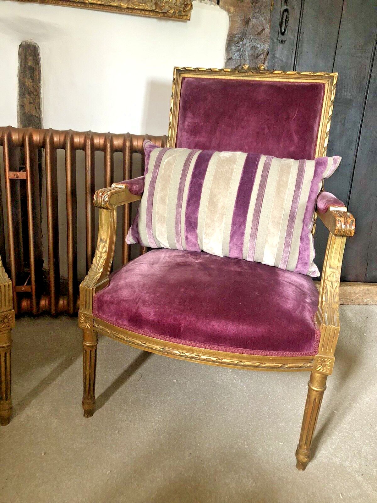 Antique French Empire Orchid Distressed Gold Giltwood Throne Armchairs  C1850 photo vintage